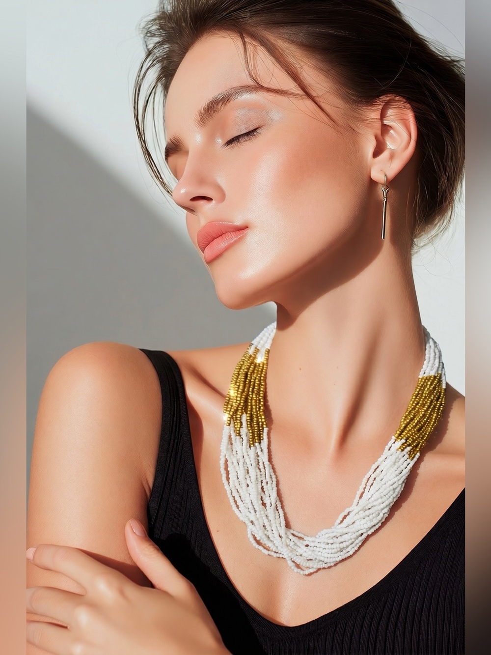 White and Gold Beaded Multi-Strand Necklace 3” Adjustable Coastal Vacation